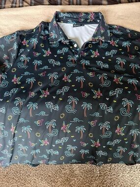 Men's Black Tropical Palm Print Polo Shirt